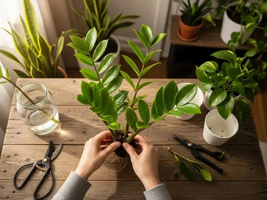 **Alt Text:** A pair of hands carefully performs ZZ Plant Propagation by dividing the rhizomes and roots of a healthy Zamioculcas zamiifolia over a rustic wooden table. Tools for propagation, including pruning shears and a cutting in a glass of water, are visible in the scene.