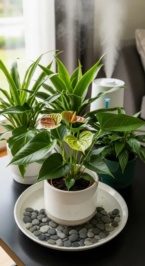 A healthy Anthurium Clarinervium plant with other houseplants and a humidifier in the background, illustrating optimal conditions to Grow Anthurium Clarinervium with proper humidity and light.