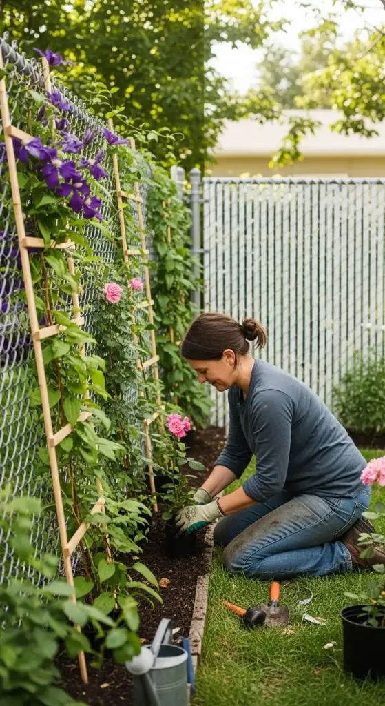 An eye-level outdoor shot shows a woman kneeling in a garden next to a chain-link fence, actively engaged in backyard fence decor by planting. She is dressed in a long-sleeved gray shirt, blue jeans, and gardening gloves, carefully tending to a small rose bush with pink flowers. The fence, adorned with trellises supporting vibrant purple clematis and green vines, serves as a backdrop, showcasing effective backyard fence decor.To the left, a watering can and other gardening tools are visible on the ground, while a second chain-link fence, white in color, is blurred in the background. The scene is well-lit, suggesting either morning or afternoon, with dappled sunlight filtering through trees and casting soft shadows. The overall impression is one of peaceful engagement in gardening and home beautification.