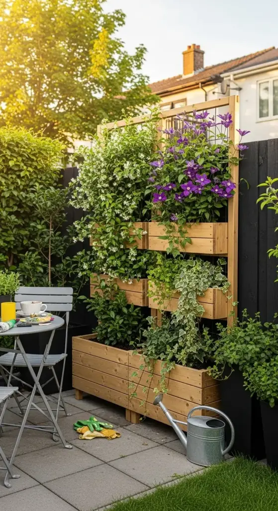 A cozy patio area showcases effective "Backyard Privacy Ideas From Neighbors" with a tall wooden planter wall featuring multiple levels of lush green plants and vibrant purple and white flowering vines. To the left, a small grey bistro table with chairs is set for a meal, while tall green hedges and trees provide additional natural screening. The scene is bathed in warm sunlight, highlighting the well-maintained garden space.