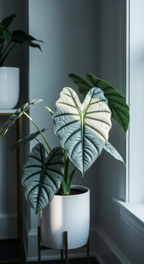 The Alocasia 'Silver Dragon', one of the most sought-after Alocasia Plant Varieties, is showcased in a modern home setting. Its magnificent, heart-shaped leaves feature a unique silvery-green, textured surface that is beautifully illuminated by soft window light. The deep, dark green veins provide a stunning contrast, highlighting the plant's architectural beauty. Potted in a simple white ceramic planter on a minimalist gold stand, this rare houseplant serves as an elegant focal point.