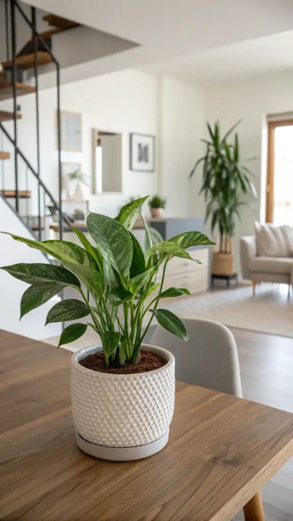 A healthy, variegated houseplant, possibly an Epipremnum aureum (Pothos) or Dieffenbachia, sits in a white textured ceramic pot on a wooden table in a bright, modern home interior. While this beautiful plant enhances the decor, it's a reminder that houseplant enthusiasts sometimes face challenges like dealing with gnats in house plants.