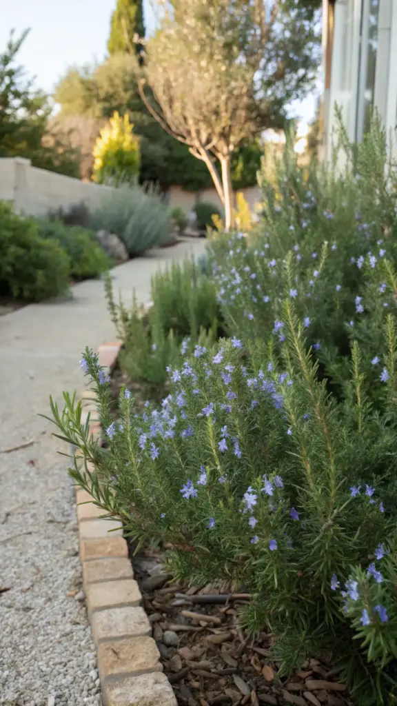 A beautiful, flowering rosemary plant thrives in a landscaped garden bed lined with brick. The healthy bush is covered in delicate blue-purple flowers and green, needle-like leaves. Growing your own rosemary like this is a fantastic starting point for discovering endless ways to use rosemary, ensuring you always have a fresh, aromatic supply for culinary dishes, infusions, or home decor.