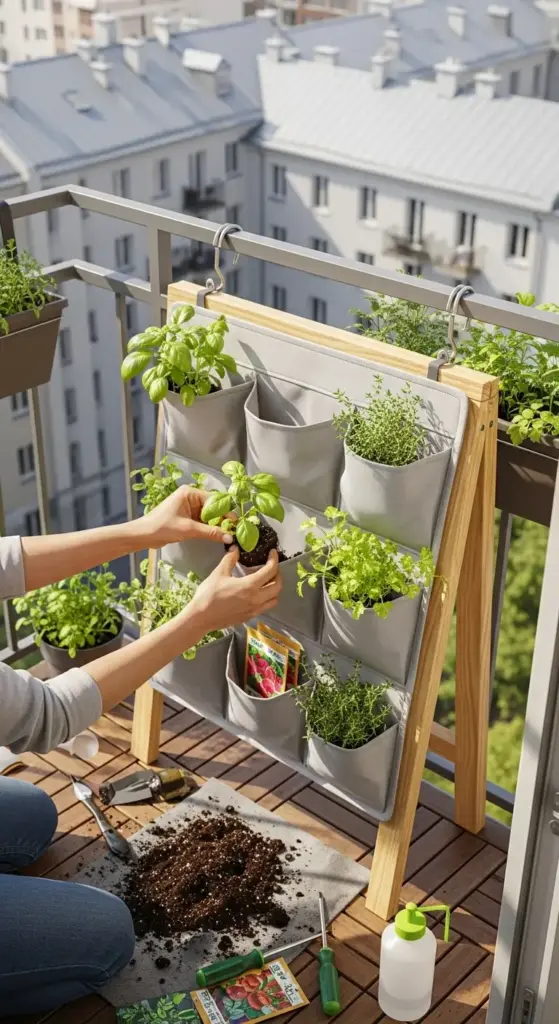A person is tending to a vertical herb garden on a balcony, transplanting a small basil plant into one of the fabric pockets on a wooden stand, which acts as a green barrier, offering Backyard Privacy Ideas From Neighbors, with gardening tools and soil scattered on a mat on the wooden deck, and apartment buildings visible in the background.