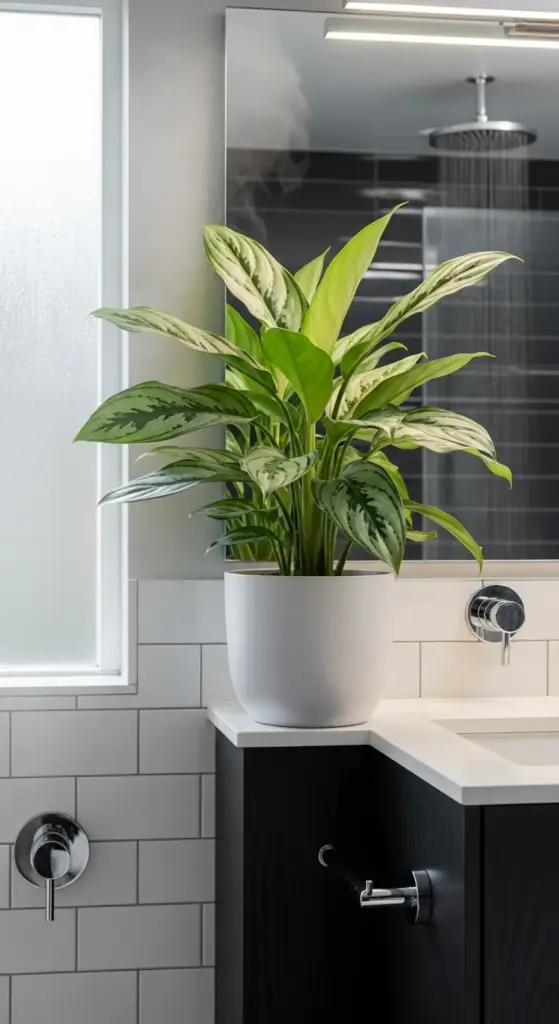 A lush green and white variegated plant sits in a white pot on a bathroom counter, contributing to the fresh aesthetic of "Bathroom Plants" in a modern bathroom with subway tiles and a dark vanity.