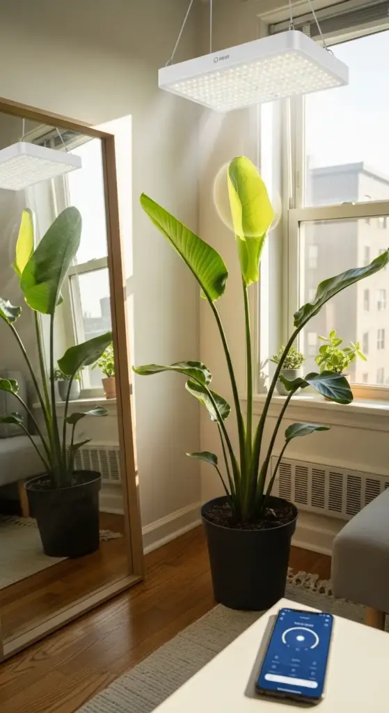 A healthy Bird of Paradise plant under an LED grow light in a bright room, showcasing optimal conditions for indoor plant growth, which are also beneficial for successful ZZ Plant Propagation from cuttings or division.