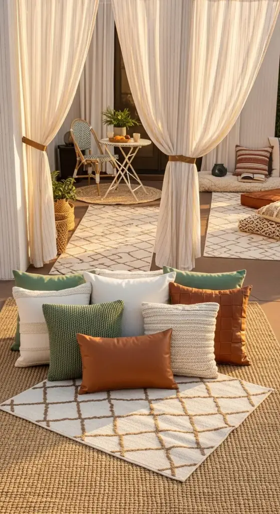 A warm and inviting boho patio ideas outdoor spaces scene featuring a layered rug setup with a large natural fiber rug topped by a smaller white rug with a geometric pattern. A collection of diverse throw pillows in shades of white, green, and brown leather are arranged on the rugs. In the background, sheer cream-colored curtains frame a small bistro table and chair set, while floor cushions and additional pillows suggest a comfortable lounging area.