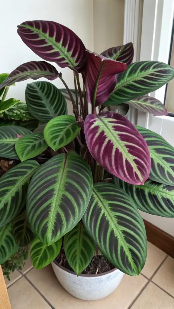 A close-up of a lush Calathea warscewiczii, also known as Jungle Velvet, a prime example of the unique textures found among Calathea Plant Varieties. The image showcases the plant's large, velvety leaves with a striking fishtail pattern of dark green against a bright green background. The rich, deep burgundy color of the leaf undersides is also prominent, highlighting the dramatic beauty of this popular houseplant, which is potted in a simple white ceramic container indoors.