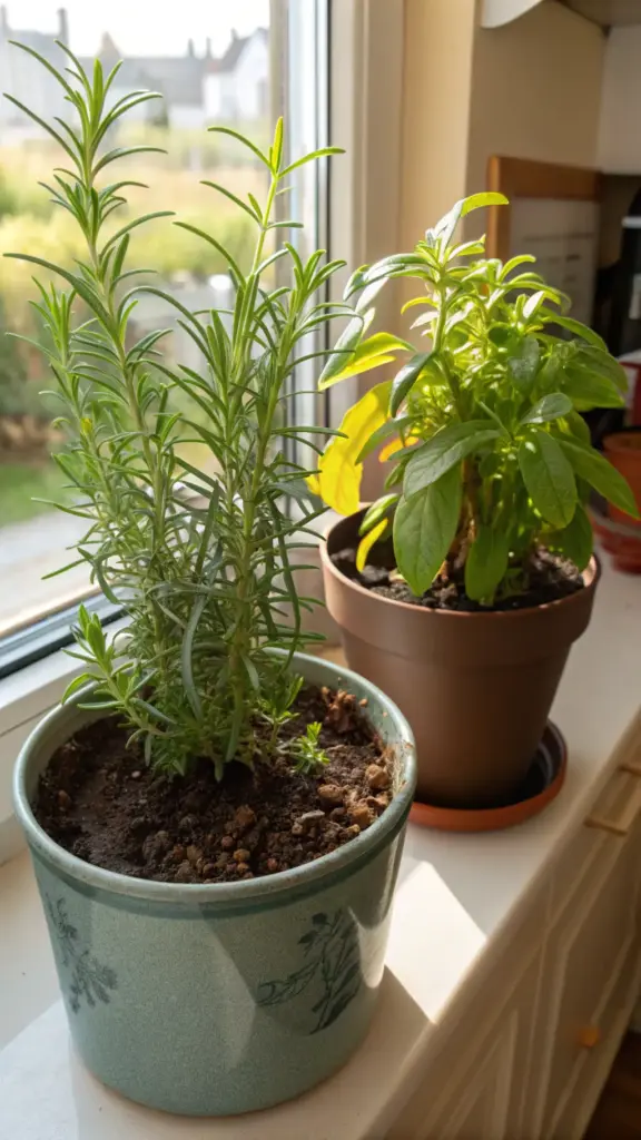 A healthy rosemary plant in a light green decorative ceramic pot, sitting on a bright windowsill to get plenty of sunlight. This image demonstrates a crucial aspect of how to grow rosemary in a pot, emphasizing the importance of choosing a suitable container and providing adequate light for successful indoor herb gardening. Another potted plant is visible in the background.