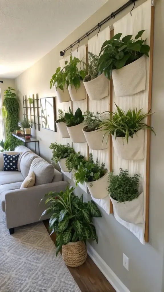 A stunning living wall serves as a creative focal point in a modern living room, showcasing unique indoor plants decor living room ideas. This vertical garden features numerous green houseplants in off-white fabric hanging planters, arranged in a grid on panels mounted to the wall next to a grey sofa. This beautiful and space-saving plant gallery wall adds a touch of nature and inventive style to the home.