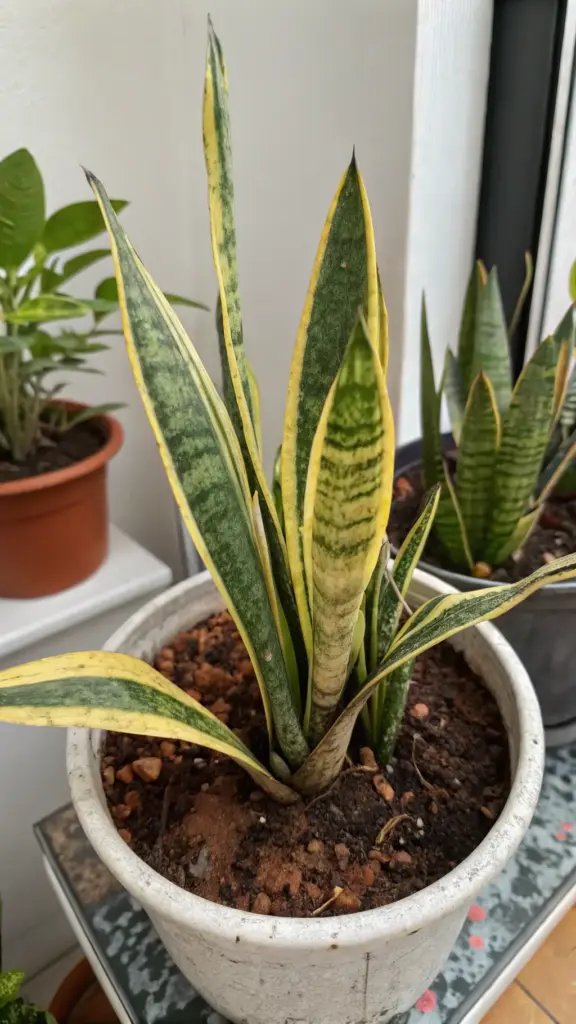 A close-up shot of a snake plant showing signs of potential overwatering, a key aspect of proper Snake Plant Care. The plant, with its characteristic yellow and green variegated leaves, sits in a white pot with damp, dark soil. Some lower leaves appear slightly mushy or discolored at the base, illustrating the risks of an incorrect watering schedule. Another snake plant is visible in the background.