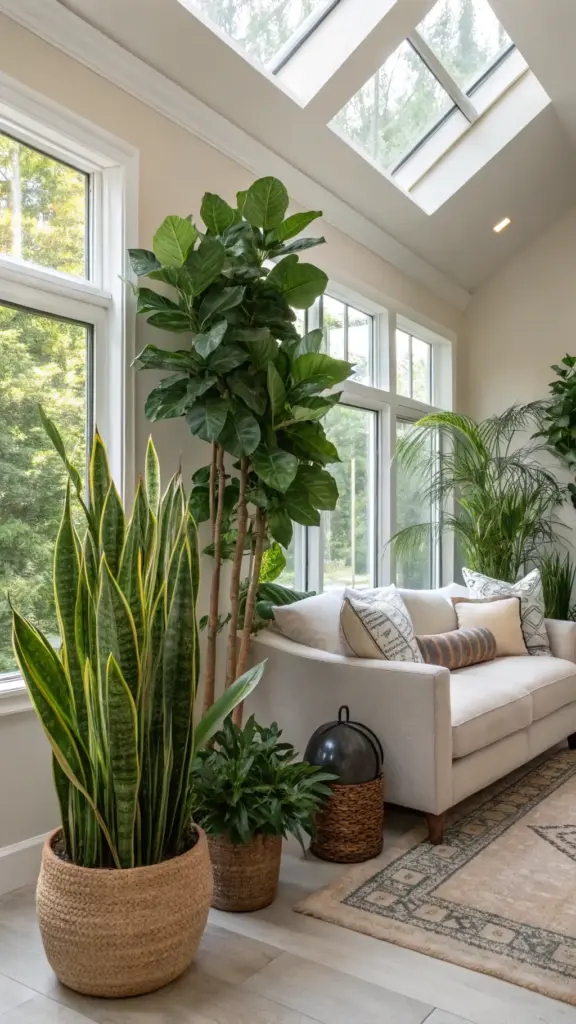 A sun-drenched living room featuring stunning, realistic artificial plants indoor decor. A large, faux snake plant in a woven basket and a tall artificial fiddle leaf fig tree bring vibrant greenery to the space next to a comfortable sofa. The room's large windows and skylights create a bright, airy atmosphere that highlights the lifelike quality of the plants.