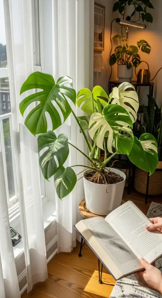 A healthy Monstera Variegata houseplant in a white pot sits on a wooden stool next to a sunny window with sheer curtains, with a person relaxing and reading a book in the foreground.