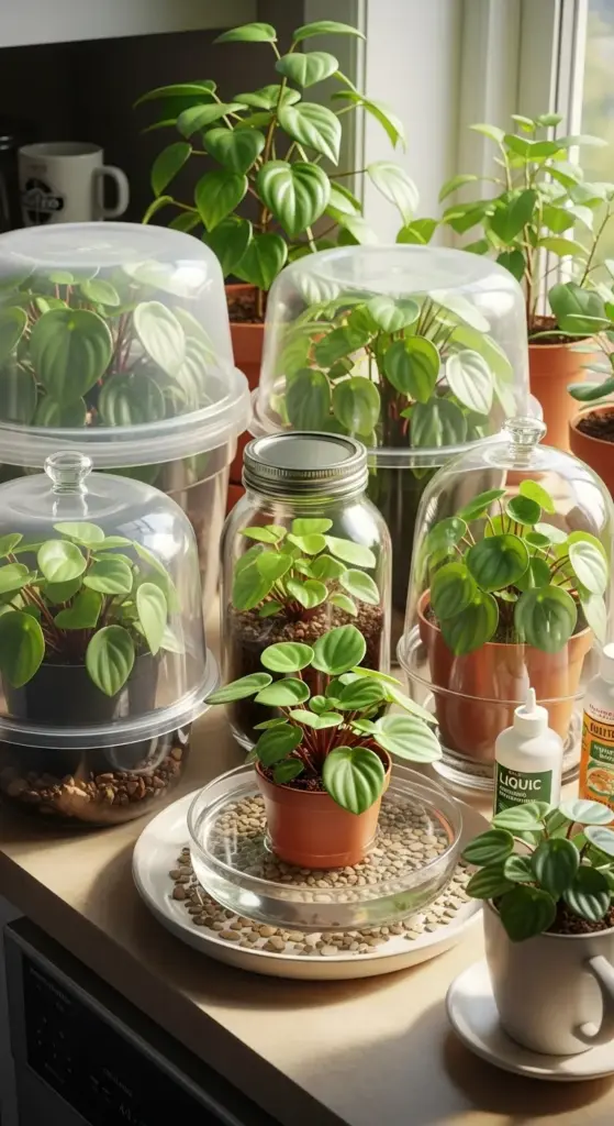 A collection of small Peperomia plants thrives in various pots and propagation setups, many covered with clear domes or in glass jars to maintain humidity, indicating different stages and methods of Peperomia Care. One small Peperomia in a terracotta pot sits on a pebble tray, with a liquid fertilizer bottle nearby, showcasing practical aspects of Peperomia Care.