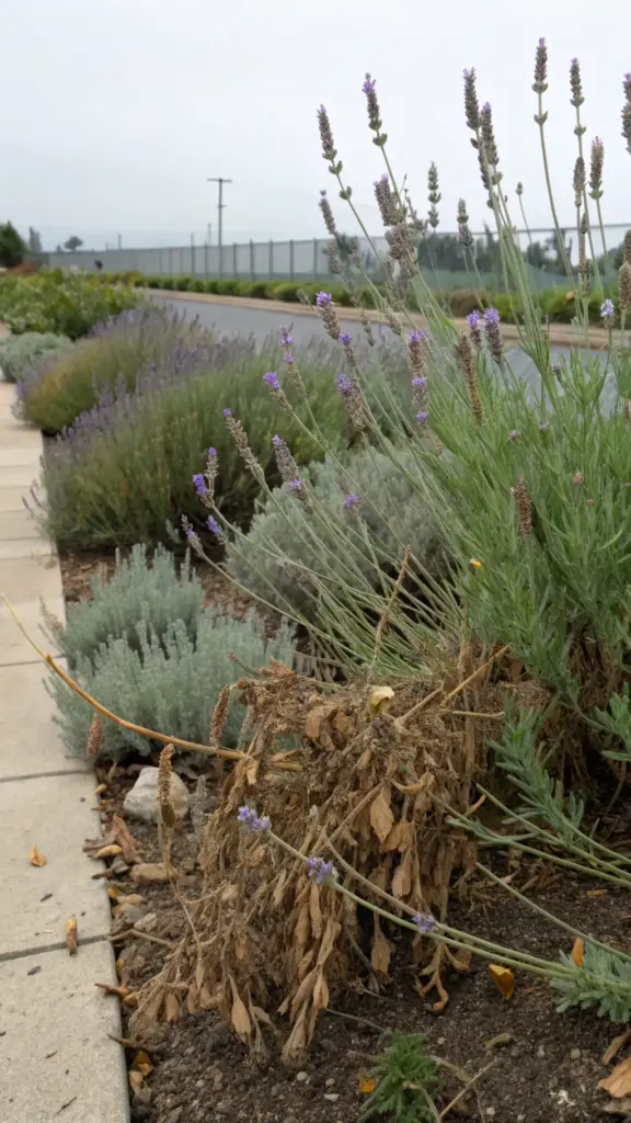 A leggy lavender plant with a dead, woody base and a few sparse purple flowers, showing the negative result of not knowing when to properly prune lavender plant to maintain its shape and health.