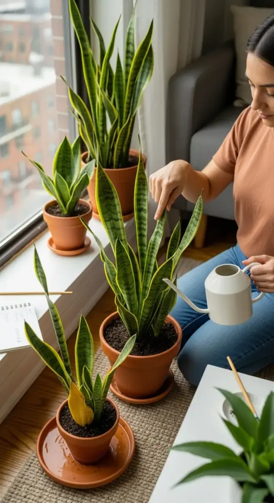 A woman provides attentive Snake Plant Care by using a white watering can to water her collection of healthy snake plants (Sansevieria) in terracotta pots next to a bright window.