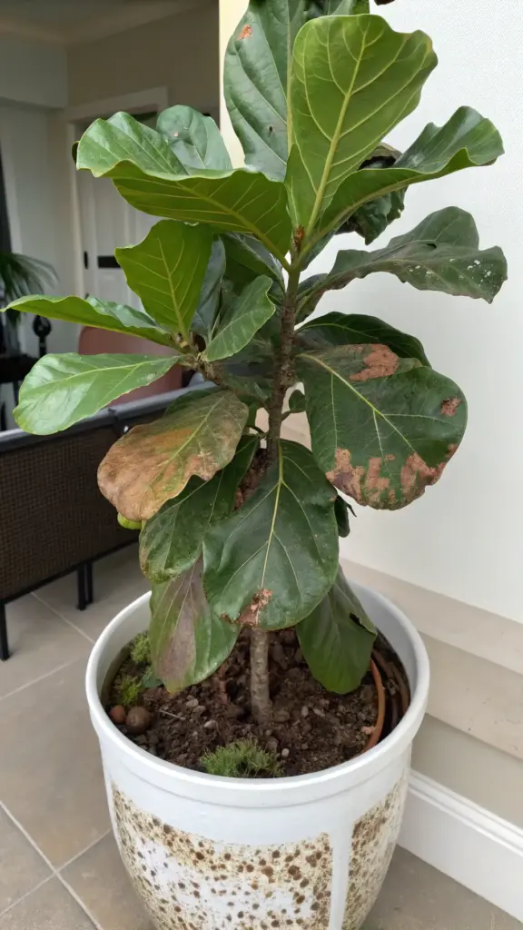 A Fiddle Leaf Fig (Ficus lyrata) is shown in a white and brown speckled ceramic pot, exhibiting common signs of distress like browning and crisping on its lower leaves. This visual is a prime example for articles and guides discussing plant care issues that may necessitate Repotting House Plants. The image highlights the importance of diagnosing plant problems, such as root rot or nutrient deficiencies, where repotting into fresh soil and a proper pot can be a crucial solution for reviving the plant's health.