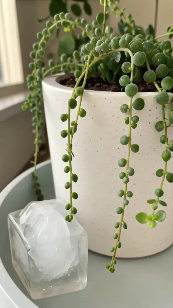 An image demonstrating a unique watering technique as part of a String of Pearls Care guide. A large, clear ice cube rests in the saucer of a white speckled pot containing a String of Pearls plant, illustrating the ice cube method for slow-release watering to prevent over-saturating the soil. The plant's healthy green beads cascade down the side of the pot towards the ice cube.