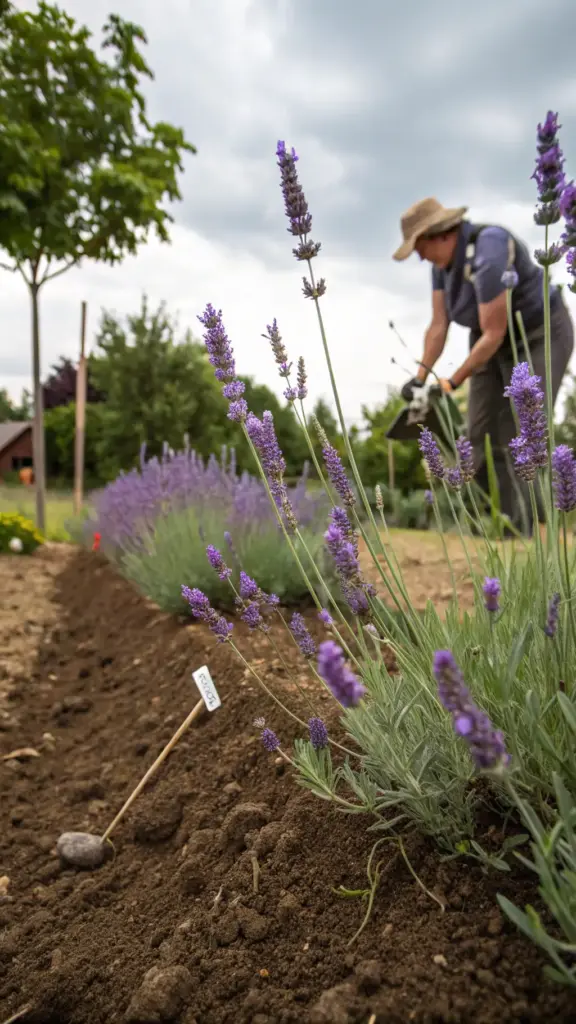 A close-up of a young lavender plant, freshly placed in a bed of dark, rich soil, with a plant marker nearby. This image illustrates a crucial step in learning how to grow lavender. In the out-of-focus background, a gardener wearing a sun hat and gloves actively tends to the long row of new lavender plants, demonstrating the planting process.