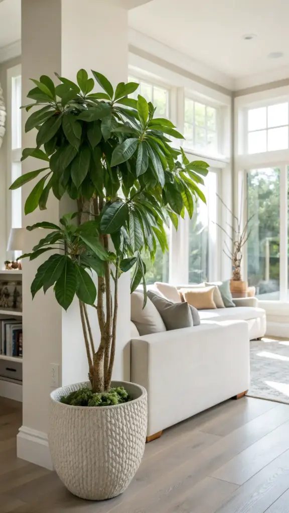 Sunlit interior of a house with plants, showcasing a large, leafy green plant in a textured white pot acting as a statement piece in a corner. A light-colored sofa and large windows letting in natural light are visible in the background, enhancing the bright and natural ambiance of the home.