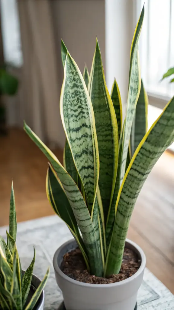 A close-up shot of a vibrant snake plant (Sansevieria trifasciata) with its characteristic yellow-edged, variegated leaves, potted in a simple grey ceramic container. This popular, low-maintenance houseplant is an excellent choice for indoor plants decor living room settings, as suggested by the soft, natural light and blurred background of a cozy home interior. Another smaller snake plant is partially visible to the left.