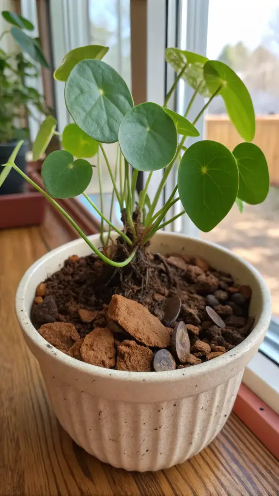 A close-up image demonstrating a vital aspect of Chinese Money Plant Care: using a specialized, well-draining potting mix. A healthy Pilea peperomioides with its signature round leaves sits in a cream-colored ceramic pot. The focus is on the chunky, airy soil, which is amended with terracotta pieces and other elements to ensure excellent drainage and prevent root rot. This visual highlights the ideal soil composition for a thriving plant, placed on a wooden windowsill to receive bright, indirect light.