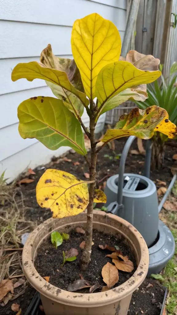 A small, unhealthy fiddle leaf fig tree in a terracotta pot outdoors, showing the effects of improper Fiddle Leaf Tree Care. Nearly all of its leaves are a vibrant, sickly yellow with dark brown spots, which are classic signs of severe overwatering and root rot. A gray watering can is visible in the background.