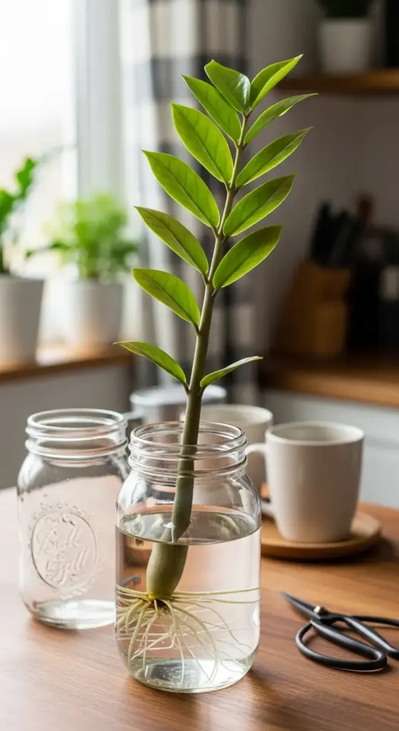**Alt Text:**A close-up view of successful ZZ Plant Propagation, showcasing a single ZZ plant stem with healthy, white roots growing in a clear glass jar of water on a wooden table.
