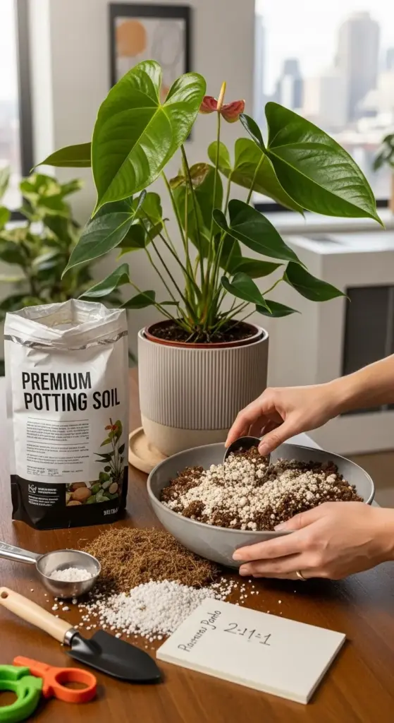 Hands mixing premium potting soil and perlite, with a healthy Anthurium Clarinervium plant in the background, demonstrating the essential steps to Grow Anthurium Clarinervium with the right soil mixture.