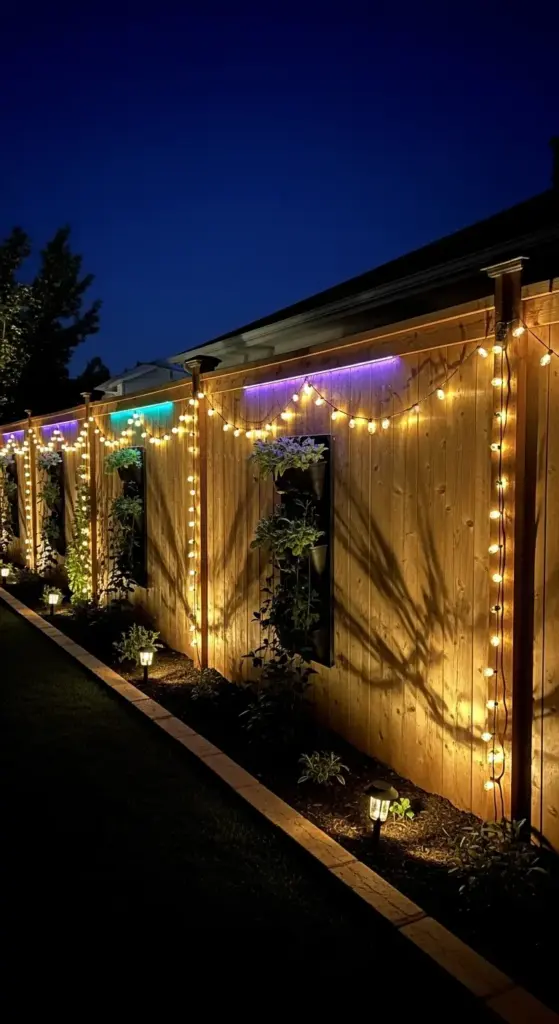 An eye-level, vertical shot captures a wooden backyard fence at night, beautifully illuminated with various lights, showcasing sophisticated backyard fence decor. Warm string lights with round bulbs are draped vertically and horizontally along the fence, casting an inviting glow and intricate shadows of plants onto the wooden surface. Above these, LED strip lights emit vibrant purple and turquoise hues, adding a modern touch to the backyard fence decor.Several black vertical planters are mounted on the fence, filled with lush green plants that contribute to the natural aesthetic. Small, solar-powered ground lights are strategically placed along the base of the fence and a wooden border, further enhancing the nighttime ambiance. The dark blue night sky above, with no visible clouds, provides a striking contrast to the illuminated fence. The overall impression is one of a cozy and well-decorated outdoor living space.