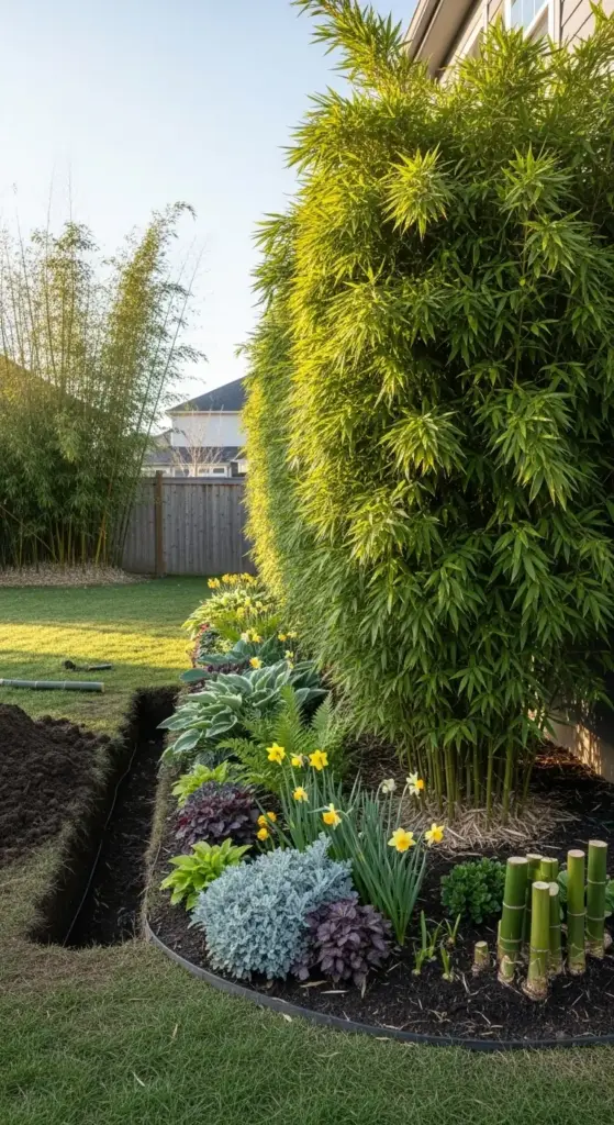 A thriving bamboo grove and a vibrant flower bed with yellow daffodils, hostas, and colorful shrubs create natural and effective "Backyard Privacy Ideas From Neighbors" along a residential property line. In the foreground, a newly dug trench suggests ongoing landscaping work, while a wooden fence and distant houses are visible beyond the lush greenery, all under a clear sky.