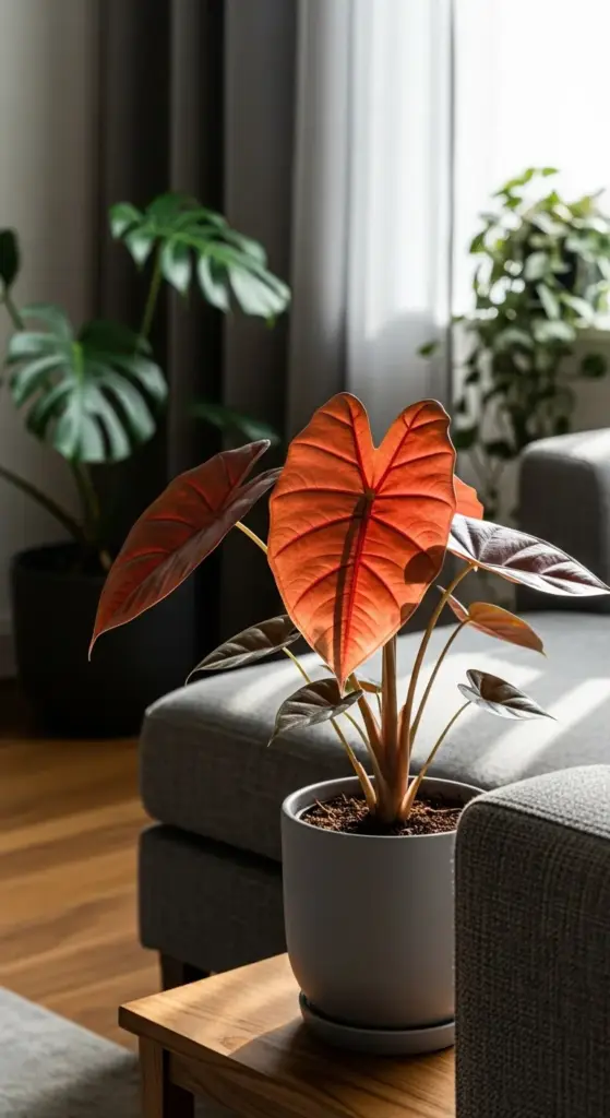 Sunlight streams through the leaves of a copper-toned Alocasia, showcasing the dramatic beauty found among Alocasia Plant Varieties. The plant's metallic, heart-shaped leaves glow with a fiery reddish-orange hue from the backlighting, highlighting their intricate veins. Potted in a contemporary matte grey pot, the Alocasia sits on a wooden end table in a stylish living room, serving as a vibrant focal point next to a grey sofa.
