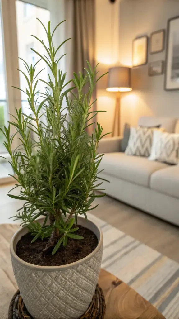 A healthy, green rosemary plant in a textured, light-gray ceramic pot sits on a wooden table in a cozy, modern living room. This image highlights one of the most popular ways to use rosemary—not just for cooking, but as a beautiful and aromatic indoor houseplant. The plant serves as a natural air freshener and a lovely piece of home decor, with a stylishly blurred living room, complete with a sofa and lamp, in the background.