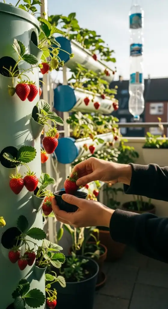 A close-up of hands harvesting ripe red strawberries from a vertical garden tower on a sunny balcony, with more strawberries growing in horizontal hydroponic pipes in the background, demonstrating clever Backyard Privacy Ideas From Neighbors through edible plants and efficient space utilization.