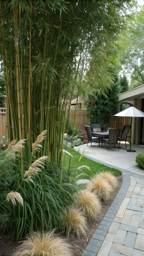 A beautifully landscaped backyard patio featuring a tall bamboo privacy screen and a variety of ornamental grasses, including pampas grass with its feathery plumes. The lush, green aesthetic is perfect for creating a private seating area, seen in the background. To enhance the comfort of such a space, it's ideal to incorporate Mosquito Repelling Plants like citronella grass or lemongrass, which blend seamlessly with the other ornamental grasses while helping to keep the patio comfortable and pest-free.