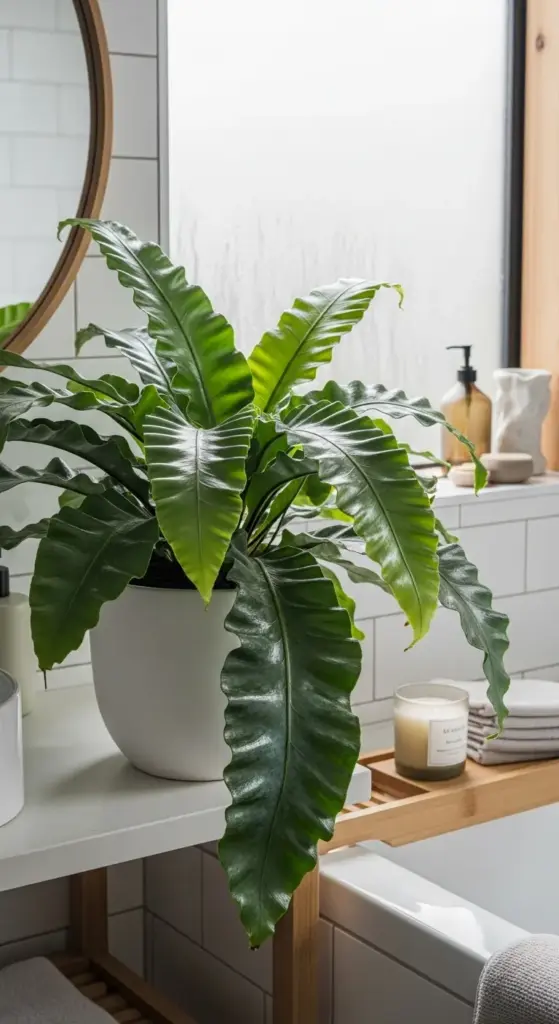 A healthy Bird's Nest Fern, a popular choice for "Bathroom Plants", thrives in a white pot on a bathroom counter beside a bathtub, with a round mirror and a candle completing the tranquil decor.