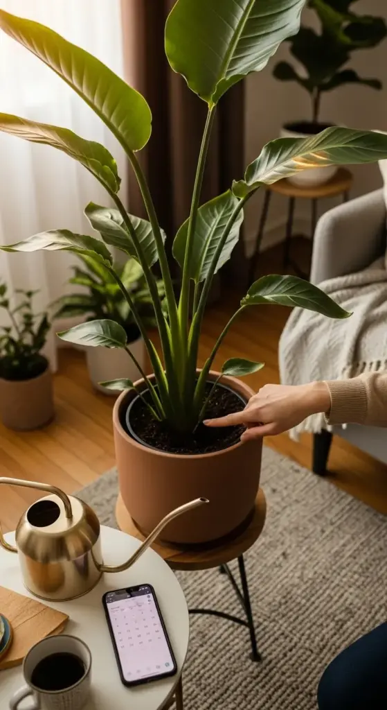 Lush Bird of Paradise plant flourishing by a window with supplemental grow lighting, demonstrating the ideal conditions for vigorous plant development, a crucial element for robust ZZ Plant Propagation.