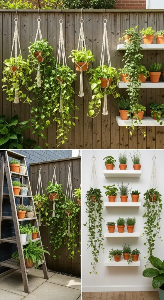 This image collage showcases creative boho patio ideas outdoor spaces through various plant displays. The top image features hanging macrame planters with lush green vines against a wooden fence, complemented by white shelves holding terracotta potted plants. The bottom left image shows a wooden ladder shelf filled with potted plants alongside more macrame hanging planters, while the bottom right focuses on white wall-mounted shelves and additional macrame planters, all overflowing with diverse greenery, perfect for inspiring natural, bohemian outdoor decor.
