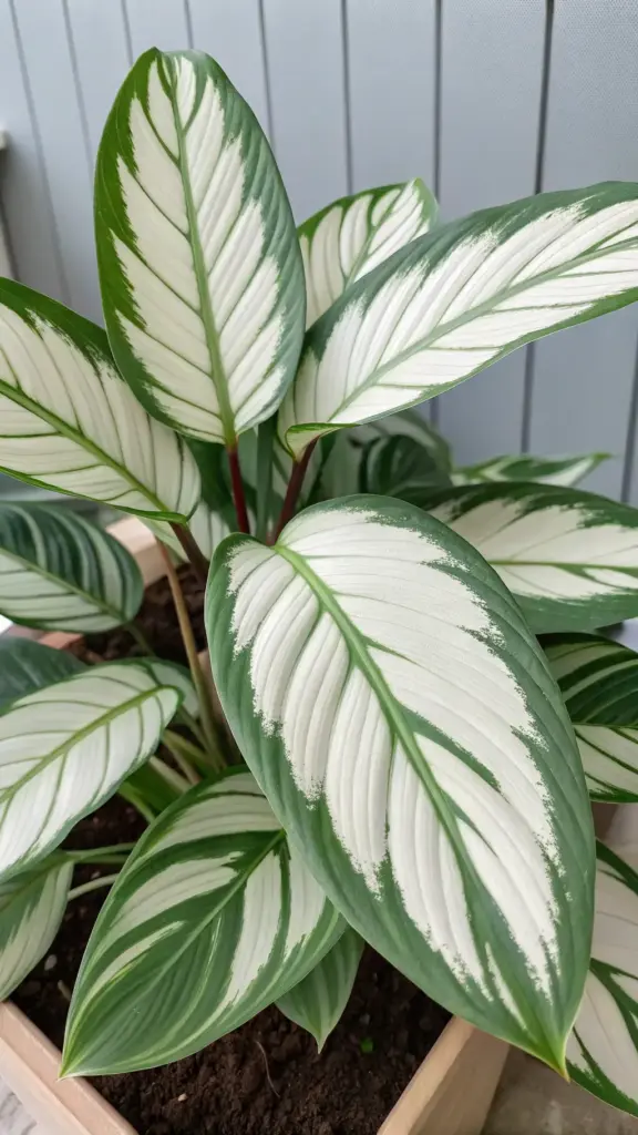 A stunning, close-up overhead shot of a Calathea majestica 'White Star', one of the most elegant Calathea Plant Varieties. The image highlights the plant's gorgeous leaves, which feature painterly white and cream-colored stripes spreading out over a deep green background. The contrast between the bright variegation, dark green leaf margins, and rich soil in a wooden planter makes for a visually striking photo that showcases the artistic foliage of this popular houseplant.