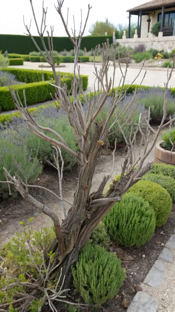 An old, neglected lavender plant with a thick, gnarled, tree-like woody base and bare branches, serving as a cautionary example of what happens if you do not regularly prune lavender plant and avoid cutting into the old wood.