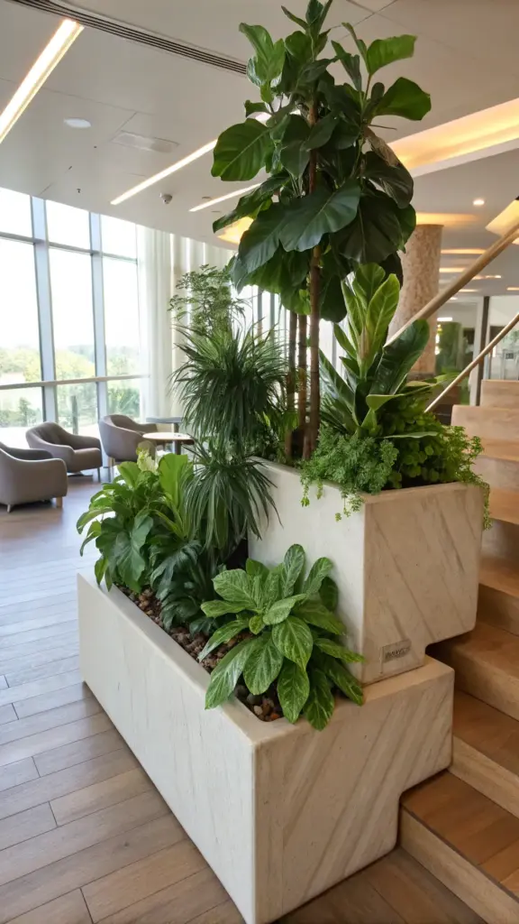 A large, architectural stone planter creates a statement plant corner in a modern interior, offering luxurious indoor plants decor living room ideas. This built-in, multi-level planter sits beside a wooden staircase and is filled with a lush, layered arrangement of tropical foliage, including a tall Fiddle Leaf Fig tree. This sophisticated biophilic design shows how to create a dramatic green focal point in a high-end home.