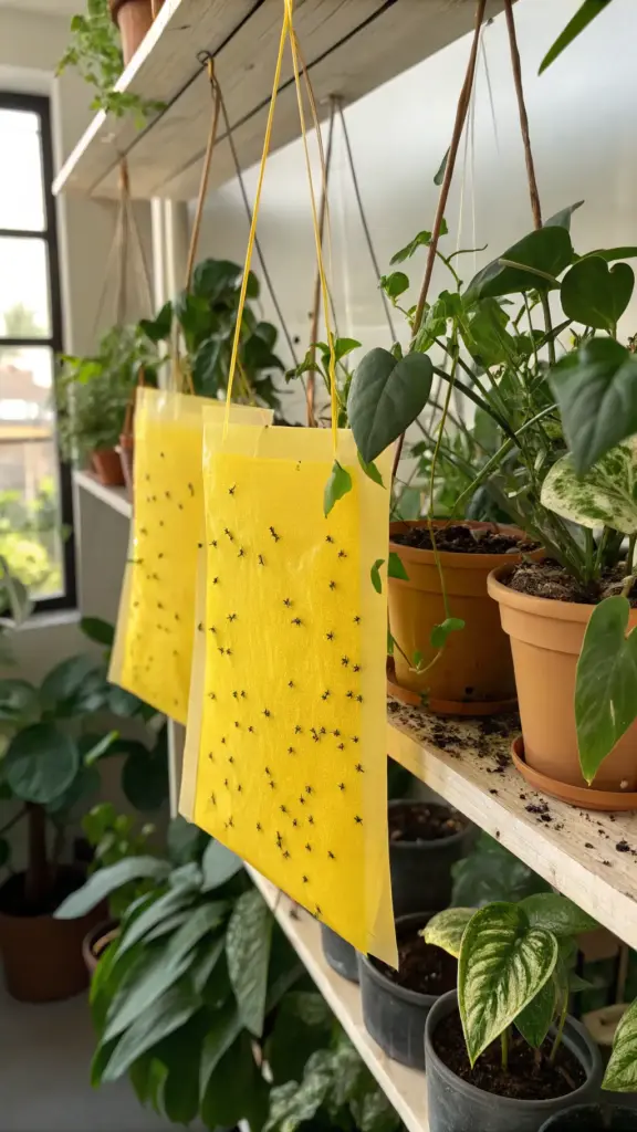 Two bright yellow sticky traps, heavily speckled with captured fungus gnats, hang effectively amongst a variety of lush green houseplants on wooden shelving, a common method for managing gnats in house plants indoors.