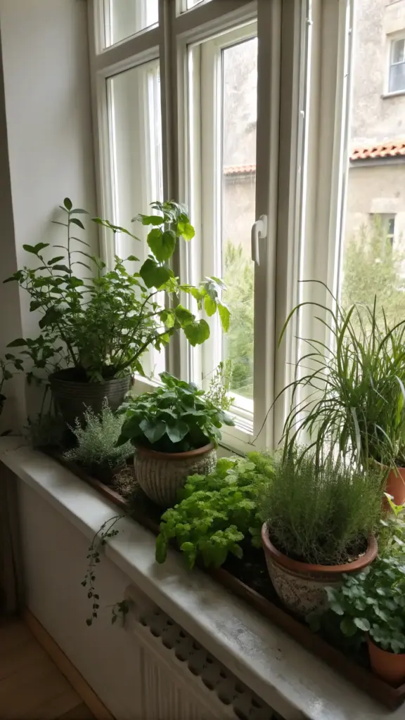 A charming arrangement of realistic artificial plants indoor decor creating a lush indoor garden on a deep windowsill. A variety of faux leafy and herbal plants with different textures are potted in rustic, earth-toned ceramic containers, naturally lit by the large window behind them.
