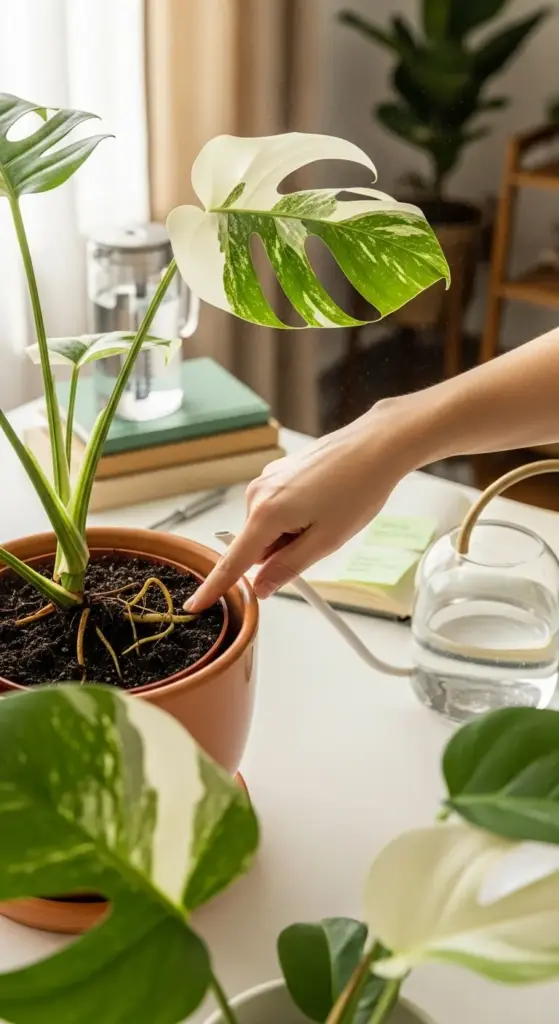 A person's hand points to the soil and aerial roots of a potted Monstera Variegata, illustrating a plant care routine with a watering can and other houseplants in the background.
