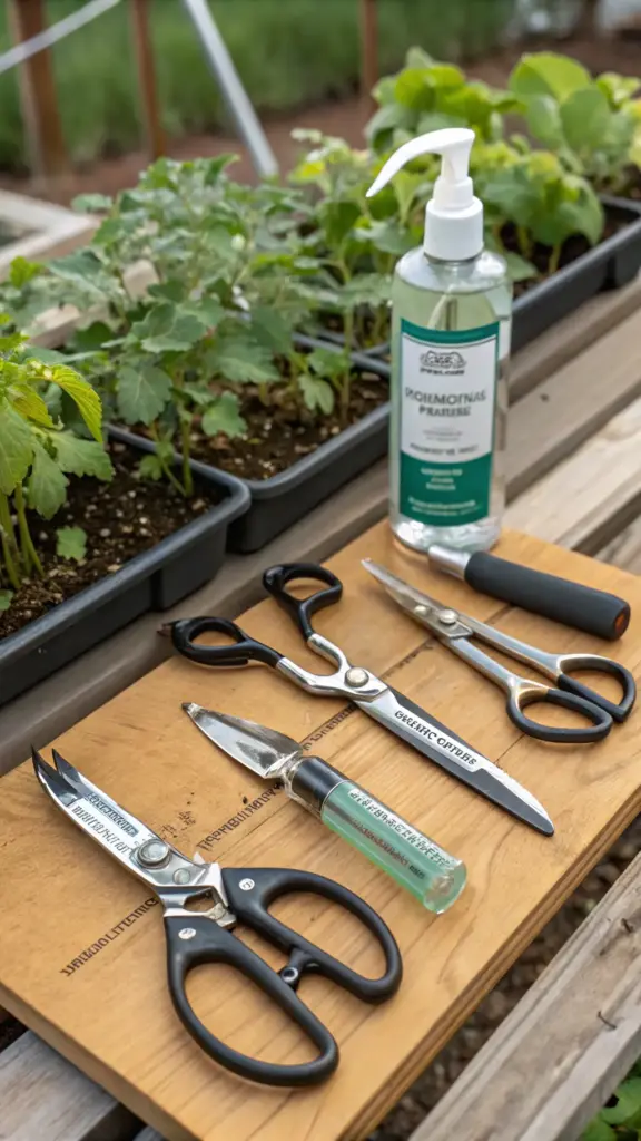 An image highlighting the essential tools for anyone learning how to propagate a Monstera successfully. On a wooden board in a greenhouse setting, a variety of clean and sharp gardening tools, including precision scissors and shears, are neatly arranged. Next to them sits a pump bottle of sanitizing liquid, emphasizing the importance of using sterile equipment to make a clean cut and prevent transmitting diseases to the mother plant or the new cutting. This setup illustrates a crucial best practice for healthy plant propagation.