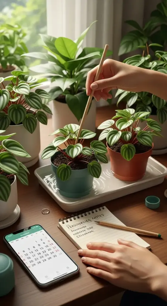 A person's hands are actively engaged in Peperomia Care, with one hand using a wooden stick to check the soil of a small Peperomia plant in a teal pot, while the other hand rests near a notebook titled "Personalized Notes" and a smartphone displaying a calendar, indicating meticulous planning for Peperomia Care. Several other healthy Peperomia plants in various pots are visible in the background on a wooden surface, suggesting a dedicated indoor plant enthusiast.