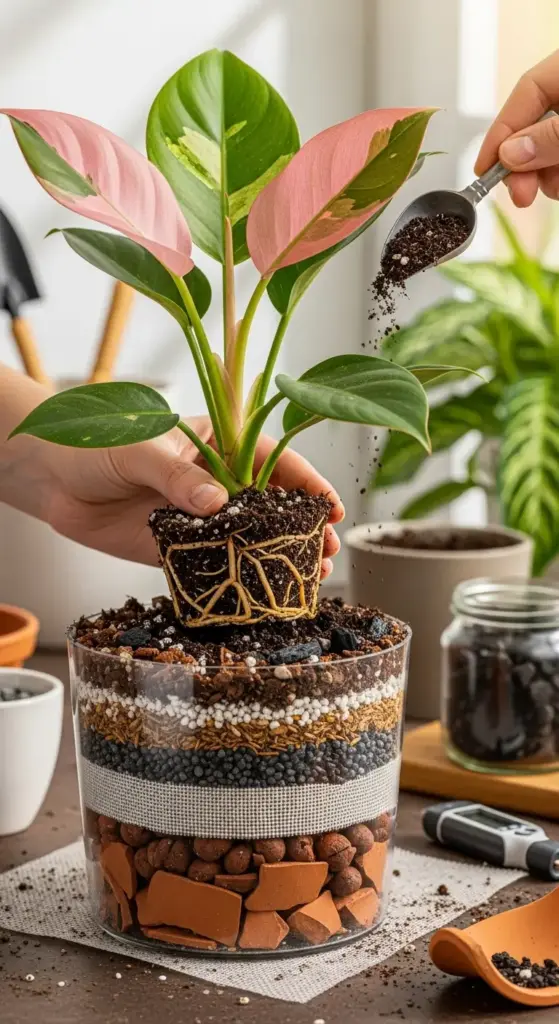 A close-up shot illustrating proper **Pink Princess Philodendron Care**, showing a person carefully potting a plant with a healthy root system into a clear container that reveals distinct layers of soil, perlite, and terracotta for optimal drainage.