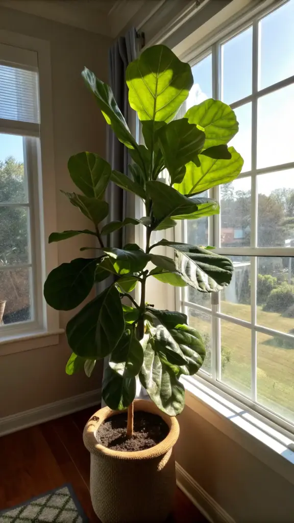 A tall fiddle leaf fig tree in a textured pot placed in the corner of a room beside a large, multi-paned window. The plant is healthy but is noticeably leaning towards the bright sunlight, a behavior that underscores a key principle of Fiddle Leaf Tree Care: providing adequate light. The sun backlights the upper leaves, making them glow a vibrant green, while the rest of the plant reaches for the window to maximize its light exposure.