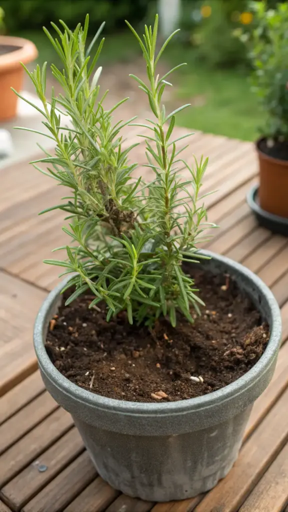 A close-up view of a healthy rosemary plant in a grey pot resting on a slatted wooden table outdoors. The dark, well-draining potting mix is visible, highlighting a key element in successfully learning how to grow rosemary in a pot. The blurred garden background suggests an ideal outdoor patio environment for this aromatic herb.