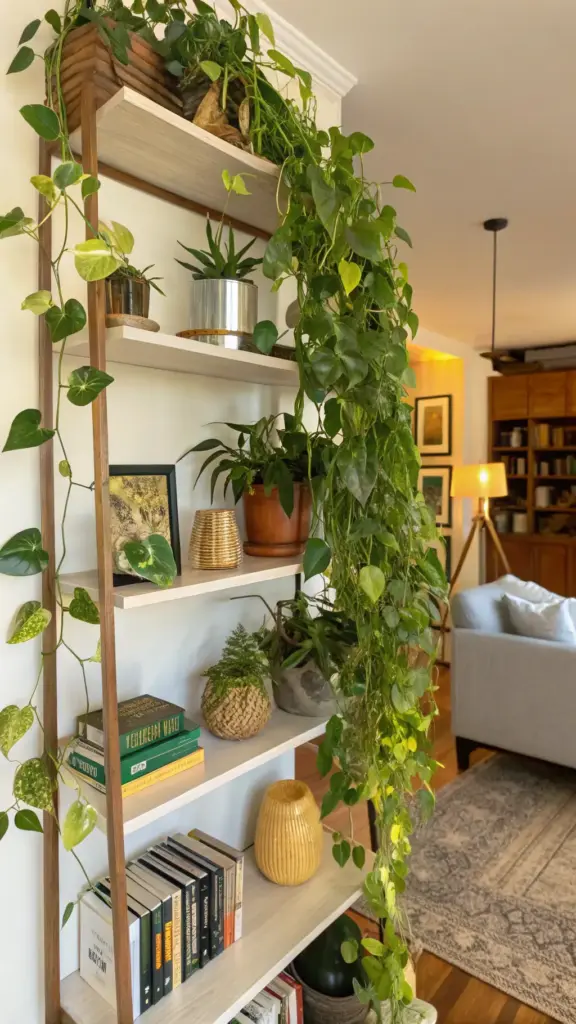 Stylishly decorated wooden bookshelf in a cozy house with plants, featuring an abundance of cascading green vines and various potted plants alongside books and decorative objects. The background shows a glimpse of a comfortable living area, highlighting a home filled with greenery and personal touches.